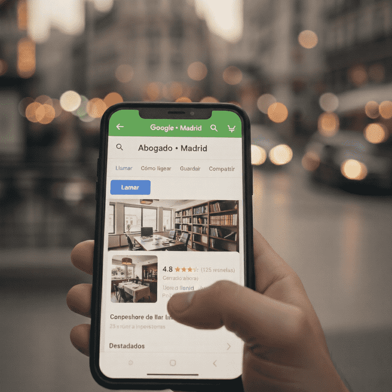 Smartphone mostrando una ficha de negocio en Google Maps totalmente optimizada para aparecer en los primeros resultados de búsqueda local en Madrid.
