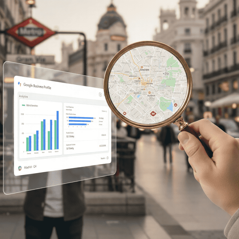 Informe de auditoría SEO local en Madrid analizando la visibilidad de una ficha de Google Business Profile frente a la competencia.