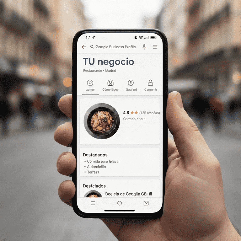 Pantalla de smartphone mostrando una ficha de negocio posicionada en el número 1 del Local Pack de Google en Madrid. Ejemplo de éxito en SEO Local.